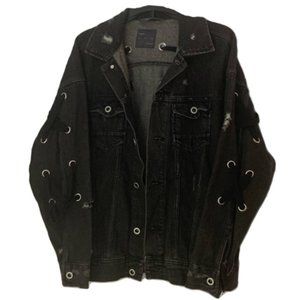 Zara Black Distressed Eyelet Lace-Up Denim Jacket